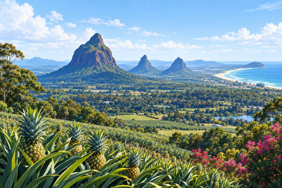 The steep volcanic peaks of the Glass House Mountains above green farmland, with a long surf beach in the distance