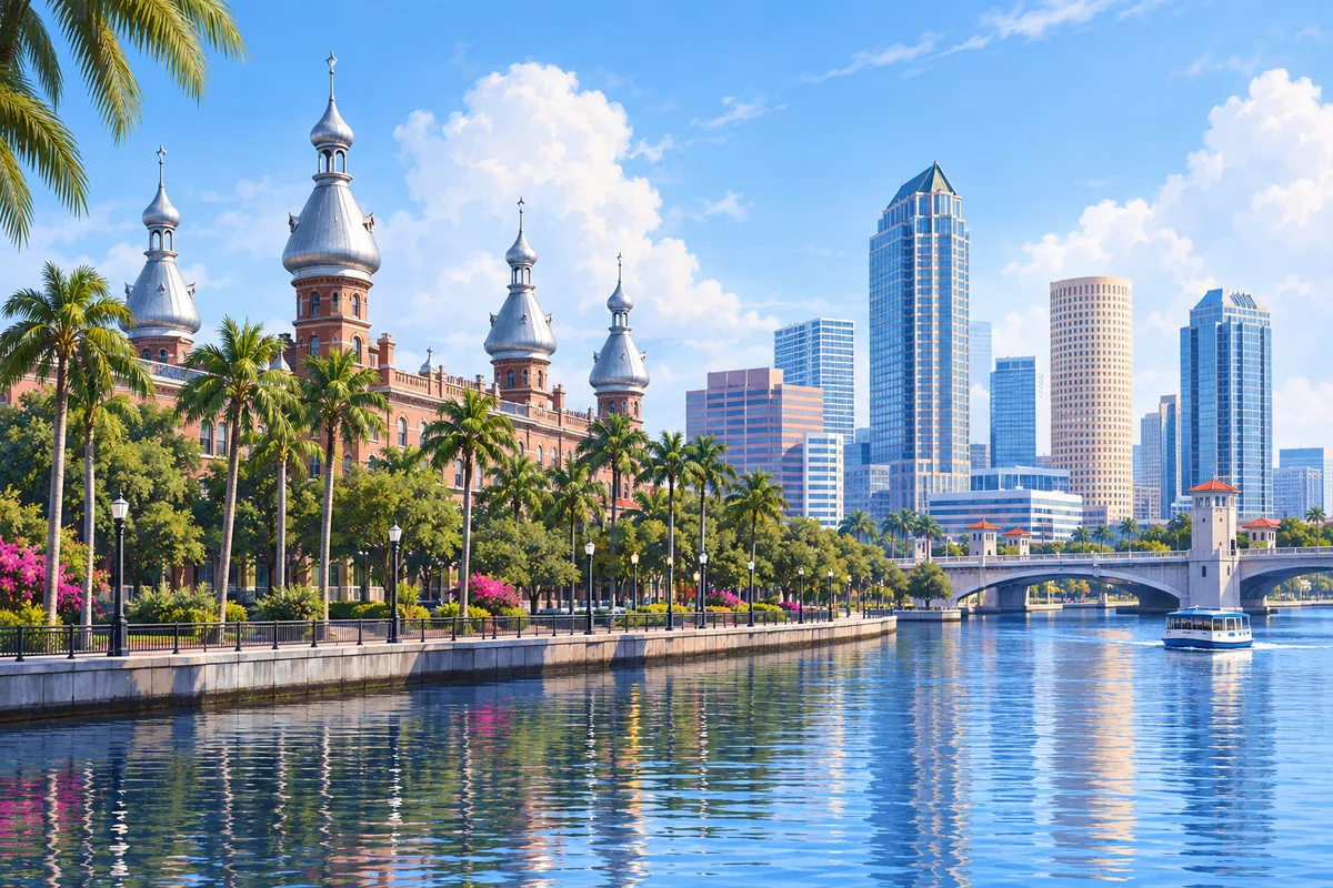 The silver minarets of the University of Tampa across the Hillsborough River, with the downtown towers and the riverwalk