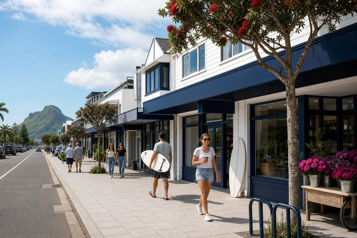 Illustration of a beachside shopping street in Mount Maunganui of white weatherboard shops with navy verandahs and a flower stall, a woman with a coffee walking towards the viewer, a man carrying a surfboard, and the green cone of Mauao at the end of the street