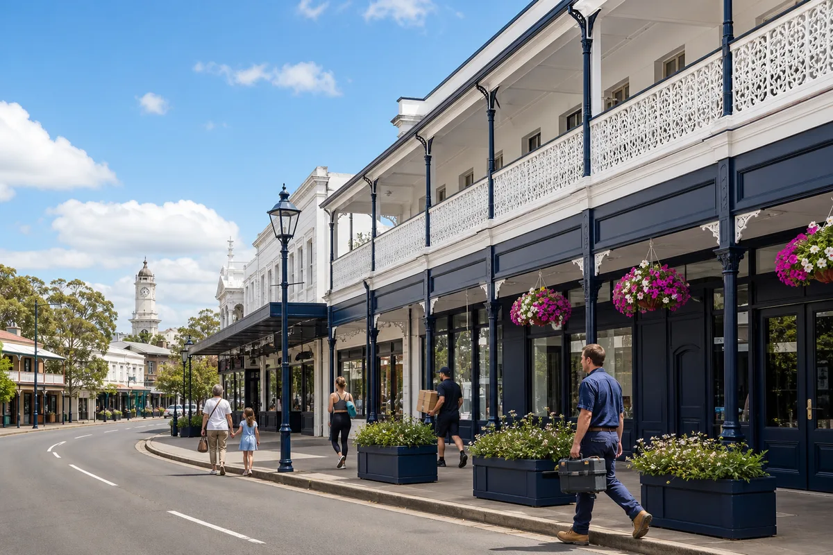 Illustration of a Toowoomba main street bending away: white two-storey shops with iron-lace verandahs and navy posts, magenta hanging baskets, a tradesman carrying a toolbox, navy planters along the kerb, and a pale clock tower over the low roofs