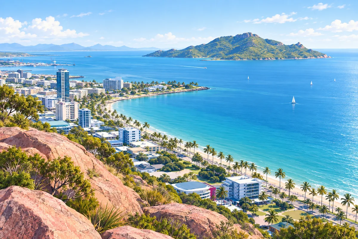 Townsville seen from Castle Hill, looking over the palm-lined Strand to the sea and Magnetic Island offshore