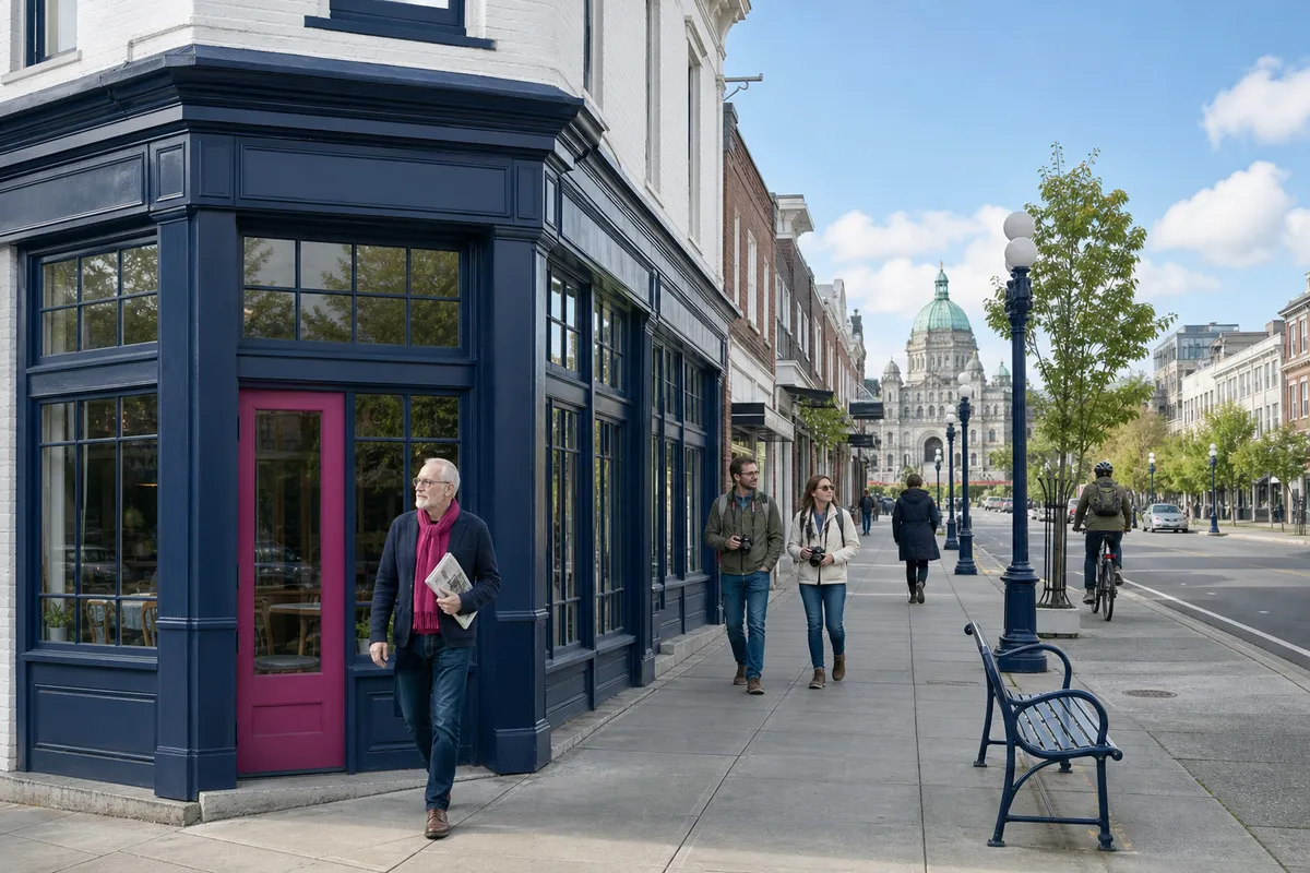 Illustration of a white Victorian corner building with navy shopfronts and a magenta door in Victoria, BC, an older man with a newspaper and a magenta scarf walking towards the viewer, and a green-domed stone parliament building down the street