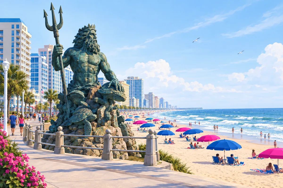 The Virginia Beach oceanfront boardwalk with the tall bronze King Neptune statue rising from the sand, umbrellas and the Atlantic surf