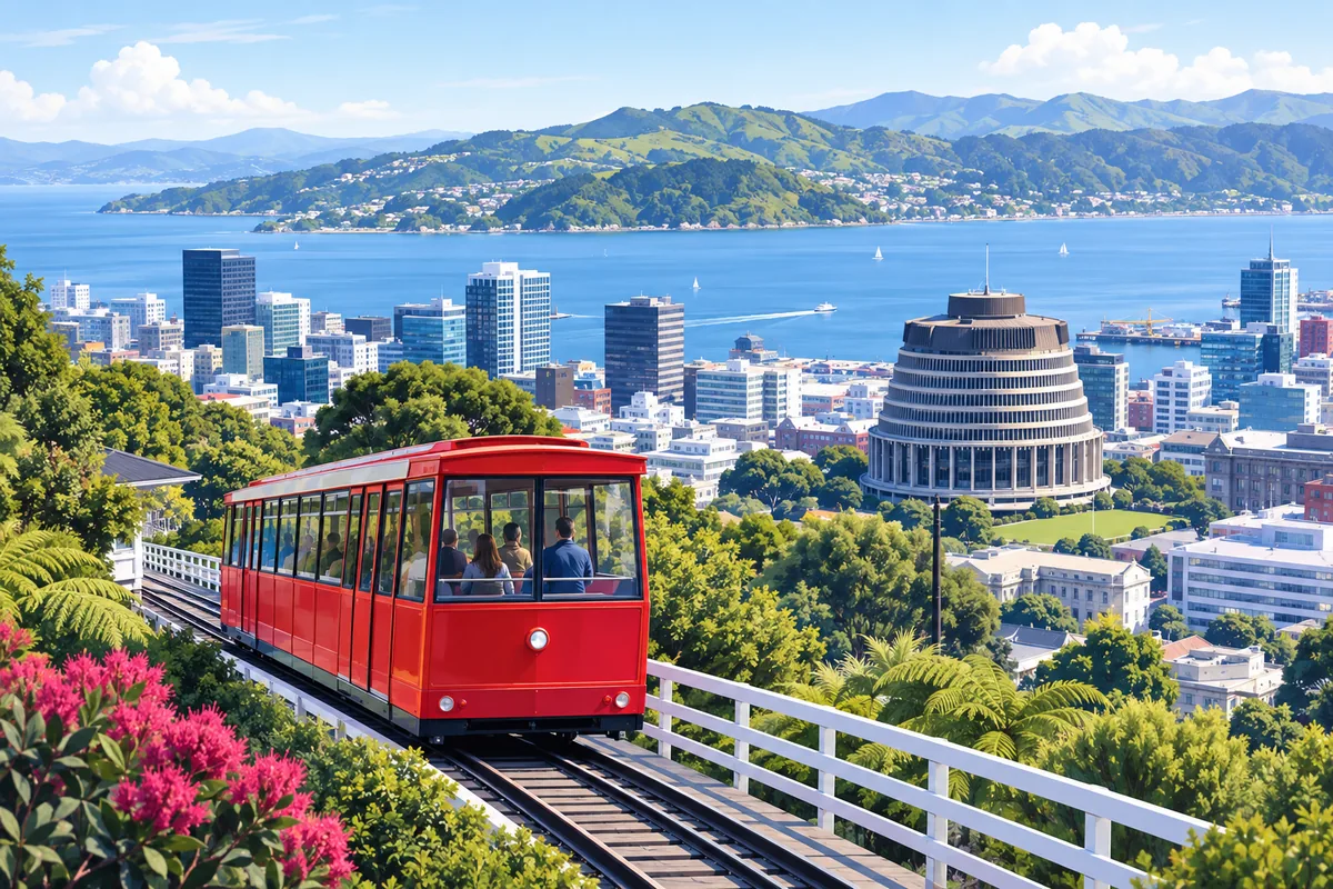 Wellington's red cable car climbing the hill above the harbour, with the round Beehive parliament building and the city below