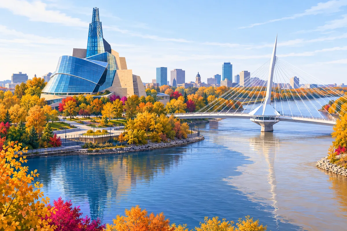 The angular glass and stone tower of the human rights museum at The Forks in Winnipeg, with the curved white pedestrian bridge over the river