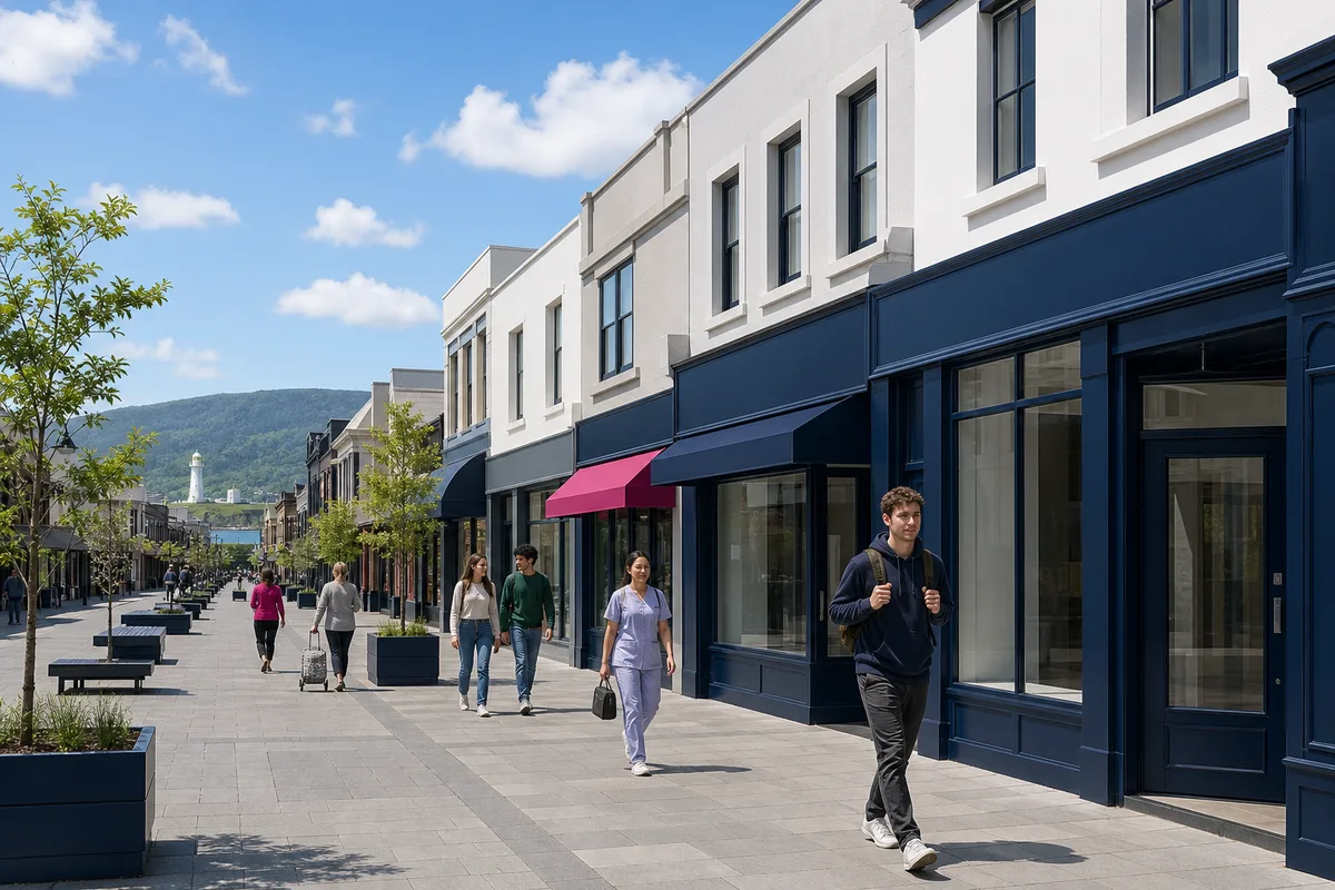Illustration of a Wollongong pedestrian street: white and pale grey shops with navy shopfronts and one magenta awning, a young man with a backpack walking towards the viewer, a nurse in pale scrubs, and green hills and a small white lighthouse far off