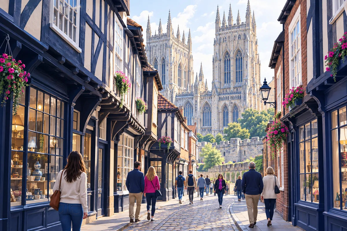 York Minster's gothic towers rising over the overhanging timber-framed shops of the Shambles