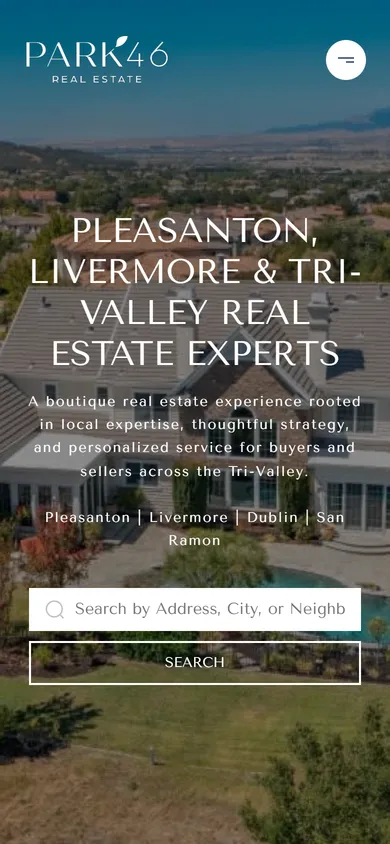 The same Park46 Real Estate home page on a phone: the logo and a menu button over the aerial photo, the headline across four lines, the introduction and a full-width search box and button