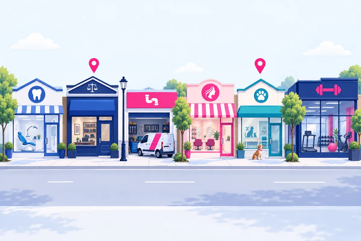 A row of shopfronts along a street, each clearly a different trade: a dental practice, a law office, a plumbing workshop with its van, a salon, a veterinary clinic with a dog outside, and a gym, with map pins floating above two of them