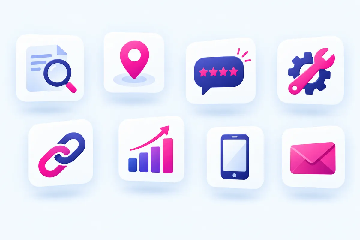 Eight small cards laid out in two rows, each with one icon: a page under a magnifying glass, a map pin, a review bubble with stars, a wrench and gear, a link chain, a rising bar chart, a phone and an envelope