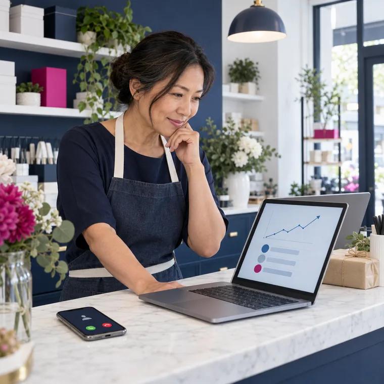 A shop owner at her counter reading a rising enquiries chart on her laptop as her phone lights up with a call
