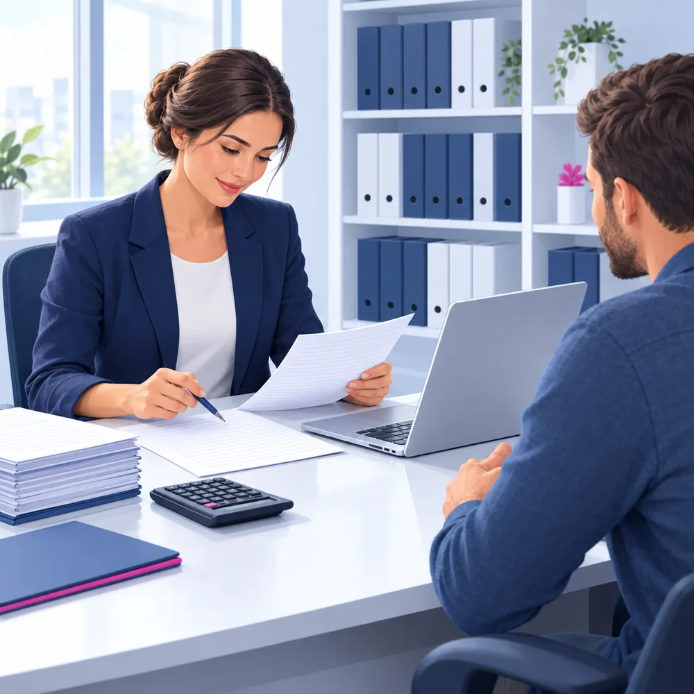 An accountant at a tidy desk going through paperwork with a small business owner seated opposite, a laptop open between them and a shelf of box files behind