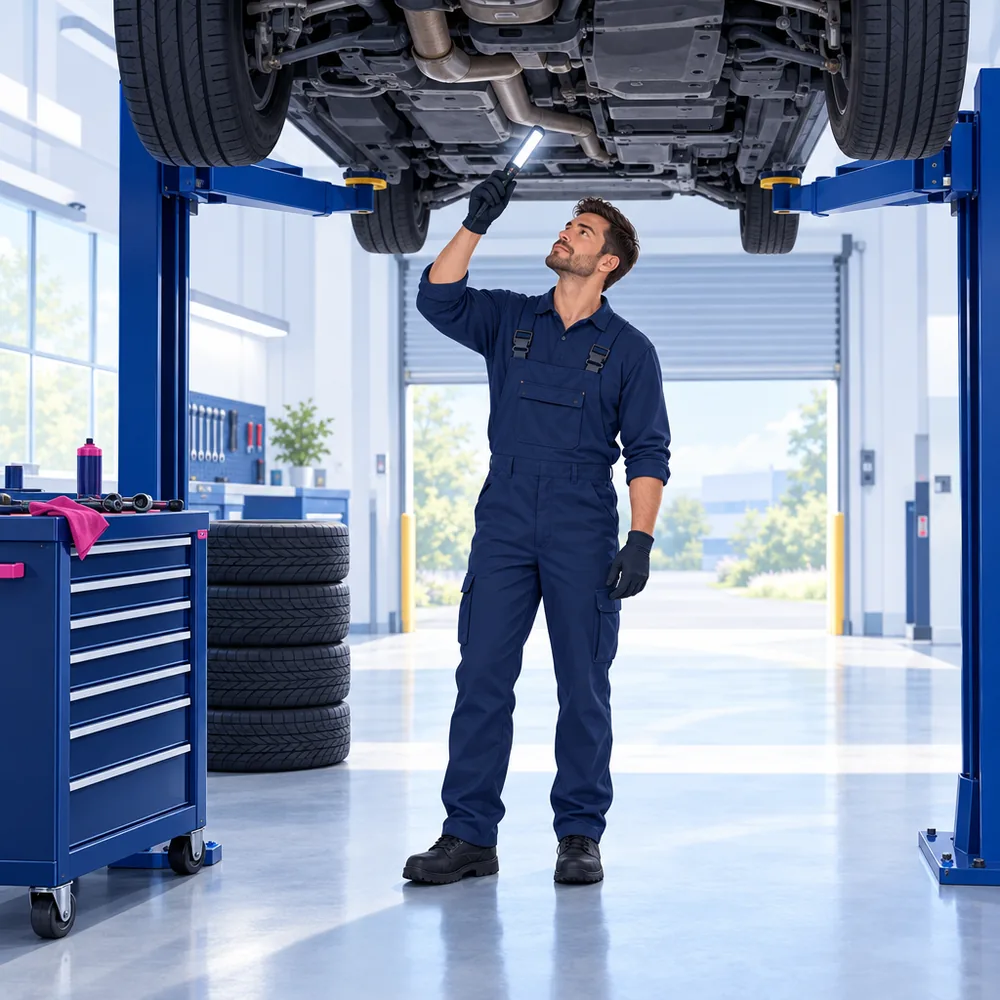 A mechanic in navy overalls standing beneath a car raised on a two-post lift in a clean workshop, torch in hand, looking up at the underside