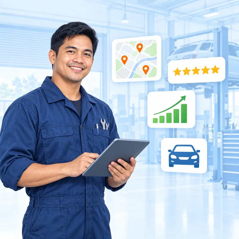 A mechanic in overalls checking the garage search results on a tablet, with a map of nearby location pins