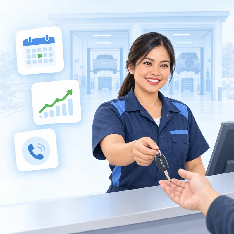 A mechanic handing car keys back to a customer at a service counter, with a booking calendar beside her