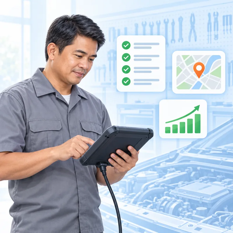 A mechanic reading a diagnostic tablet plugged into a vehicle, with a checklist of completed jobs