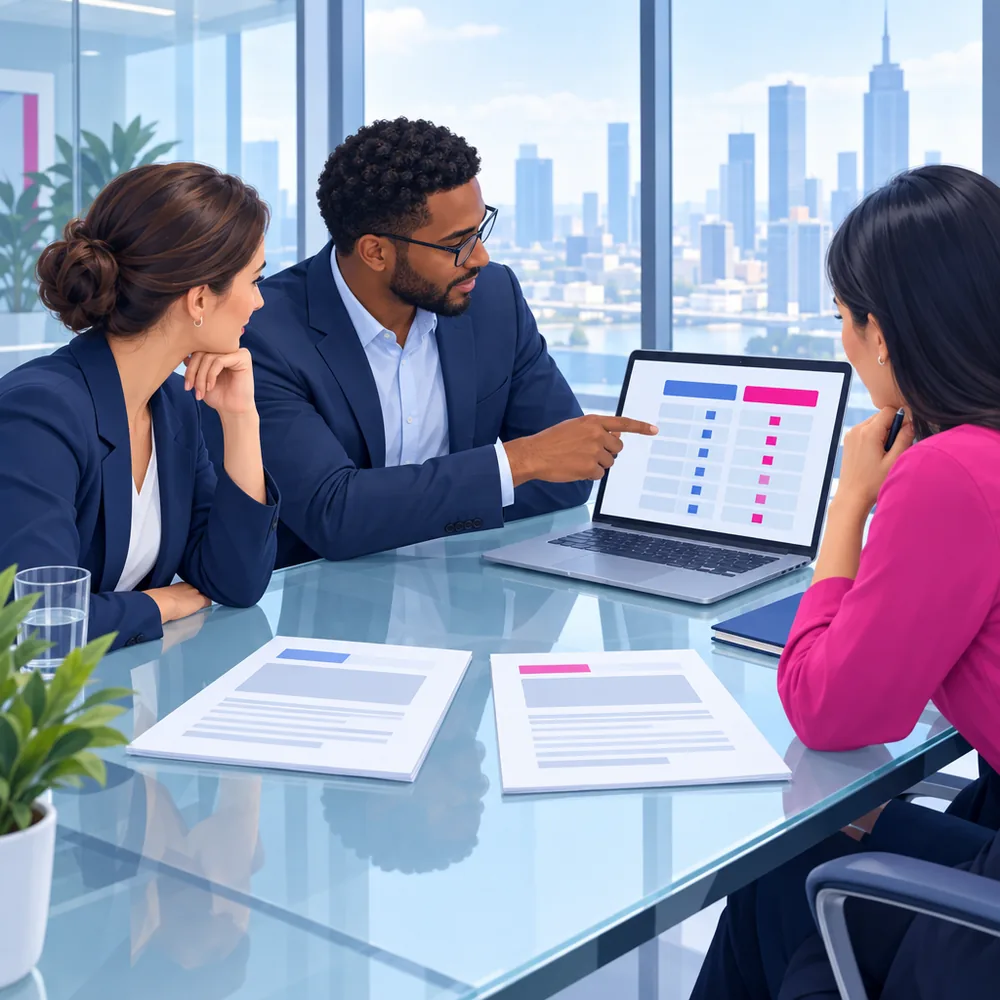 A procurement team in a glass meeting room comparing two supplier proposals on the table and a comparison grid on a laptop