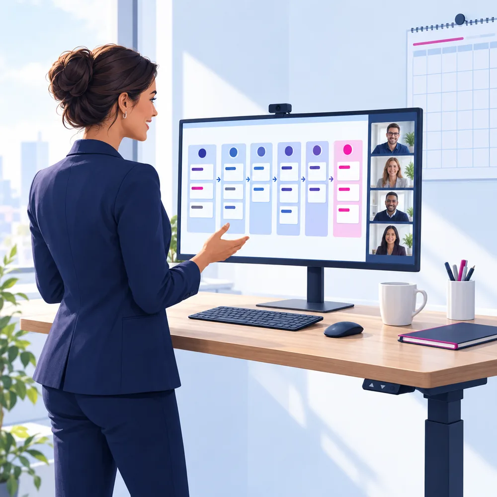 A sales director on a video call at a standing desk, a monitor showing a pipeline of stage columns with cards moving across