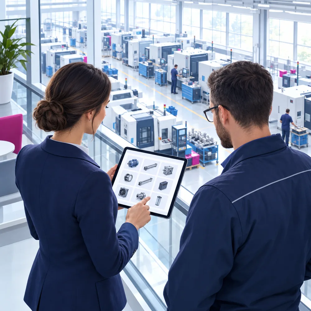 An account manager and an engineer on a mezzanine looking over a factory floor, holding a tablet showing a product catalogue grid