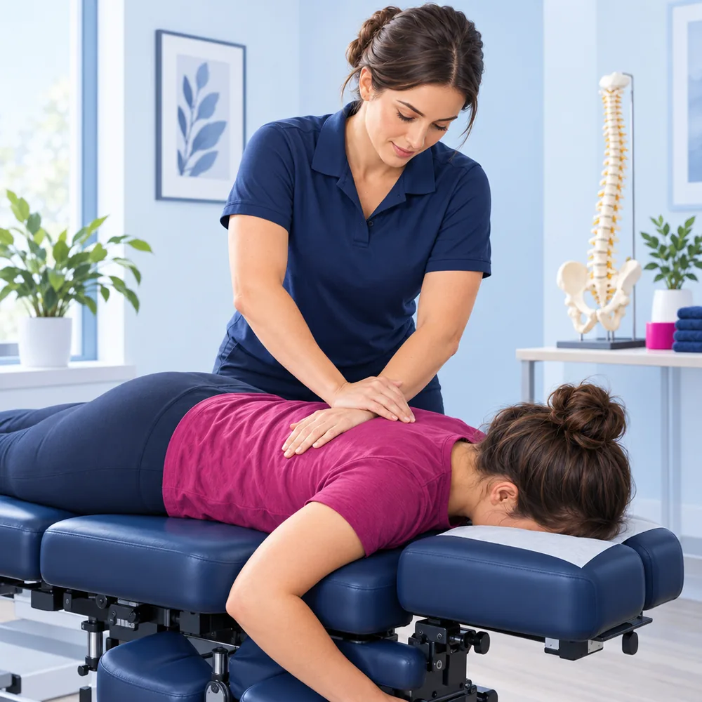 A chiropractor adjusting a patient lying face down on a padded treatment table, hands placed on the upper back, a spine model on the side table