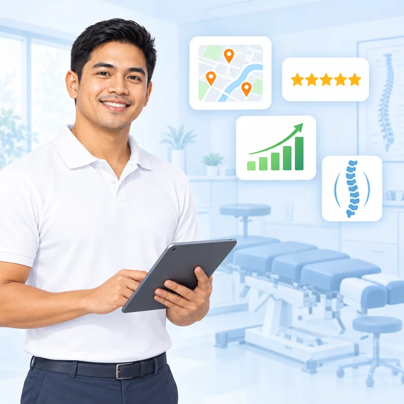 A chiropractor in a clinic polo shirt holding a tablet, with a map of location pins and a spine icon