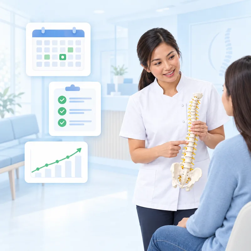 A chiropractor explaining treatment to a patient using a spine model, with a booking calendar beside them