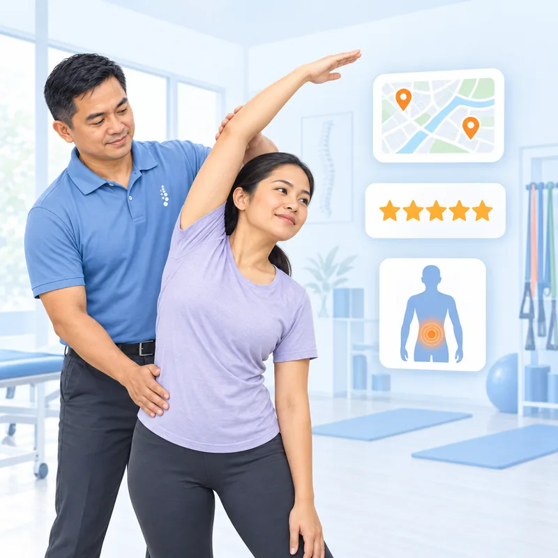A chiropractor guiding a patient through a stretch, with a five-star review row and a body diagram