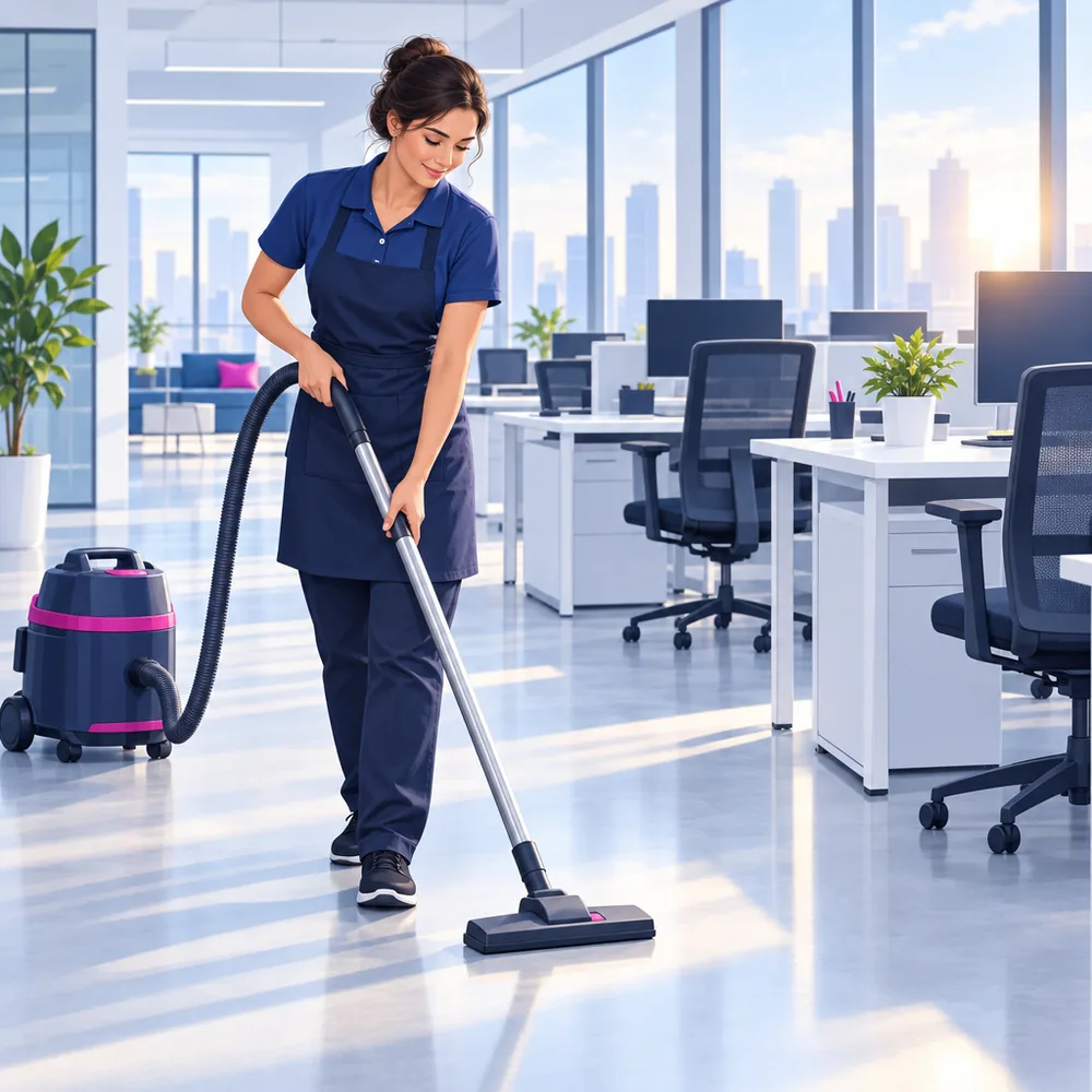 A cleaner in a work polo and apron vacuuming an empty open-plan office in early morning light