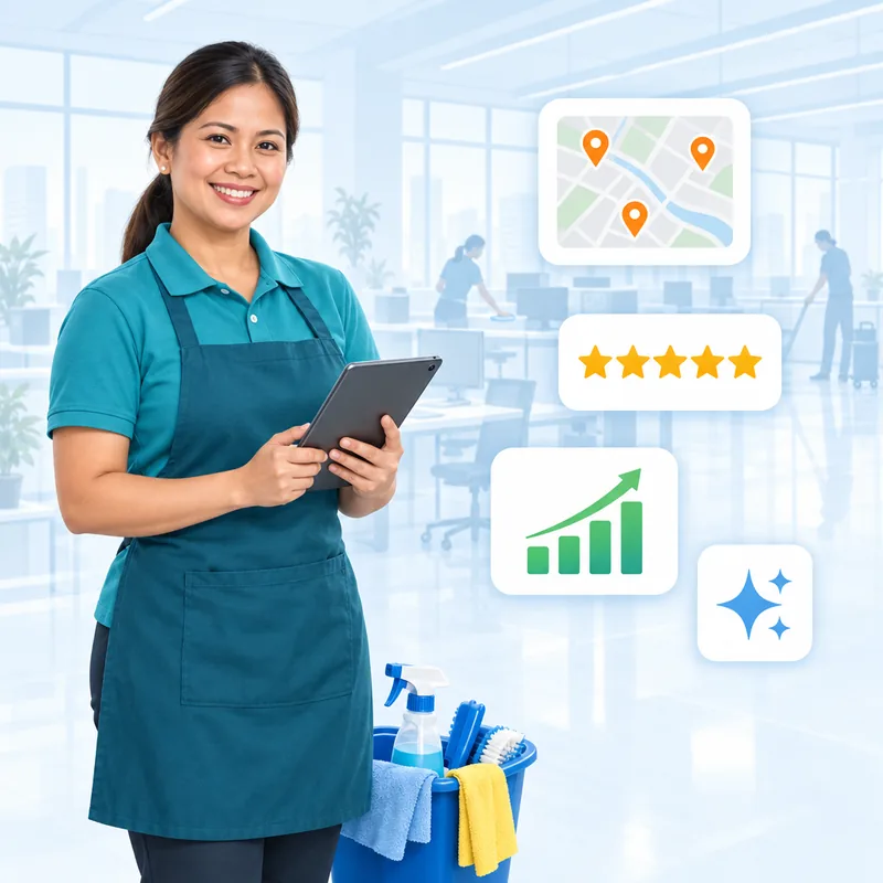 A cleaner in a work polo and apron holding a tablet, with a map of location pins and a five-star review row