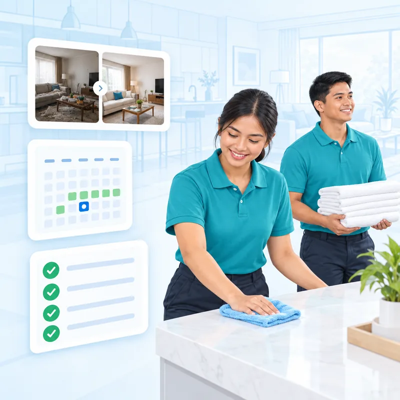 Two cleaners working through a home, with before and after photographs and a job calendar beside them