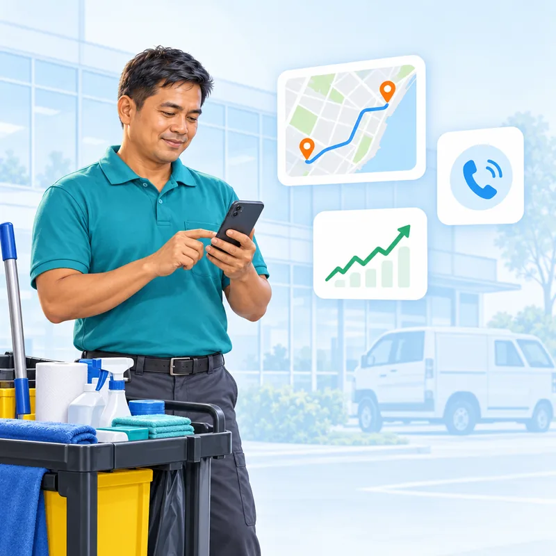 A cleaner checking his phone beside a cart of supplies, with a route map between two location pins