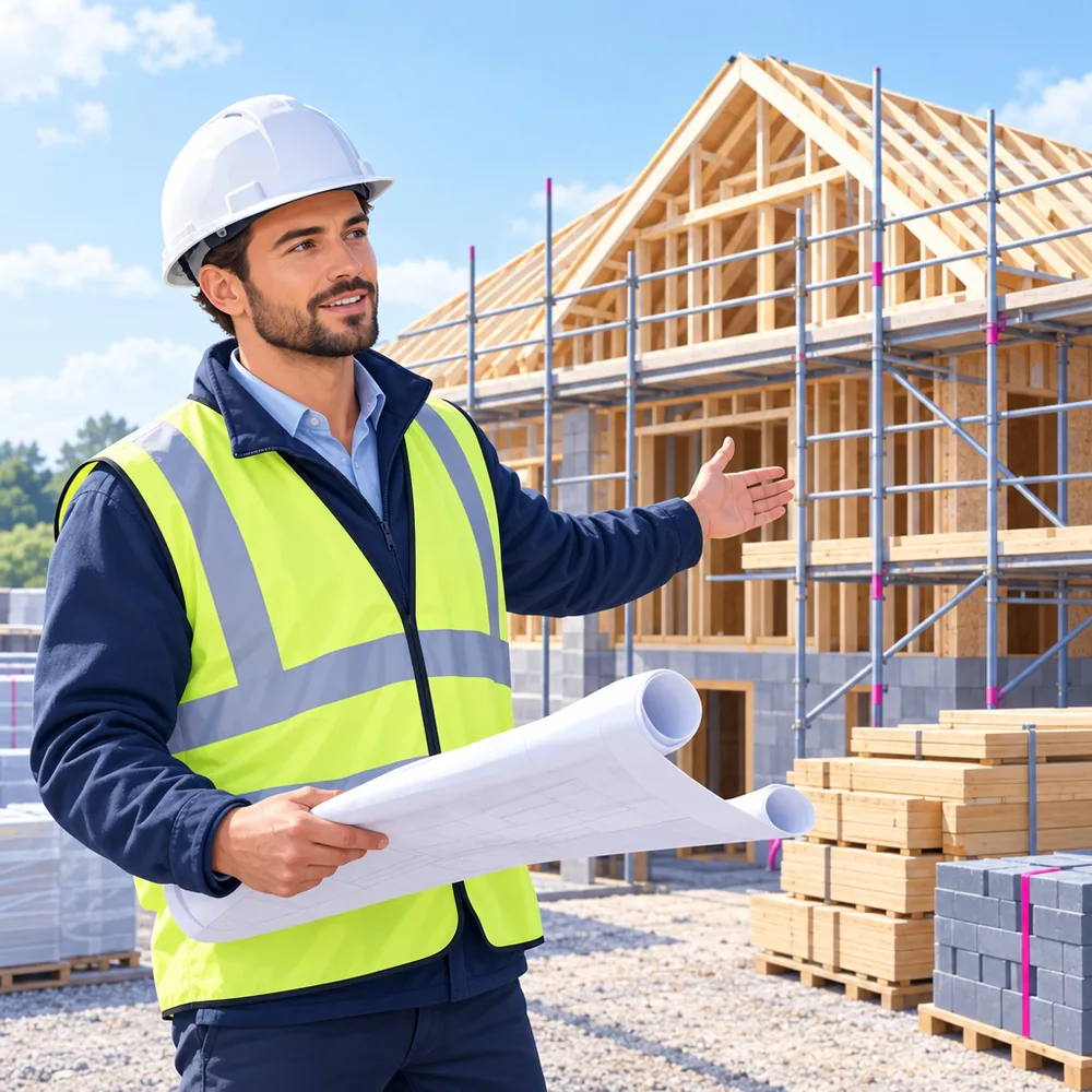 A builder in a hard hat and hi-vis vest holding rolled drawings open on site, gesturing towards a part-built timber-framed house behind scaffolding