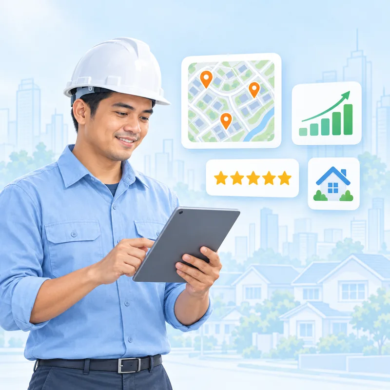 A builder in a hard hat checking search results on a tablet, with a map of nearby streets