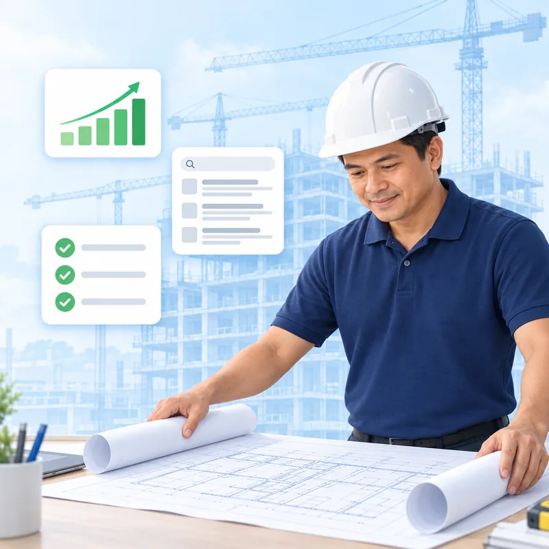 A site manager unrolling drawings in front of a part-built commercial block, with a checklist of completed items