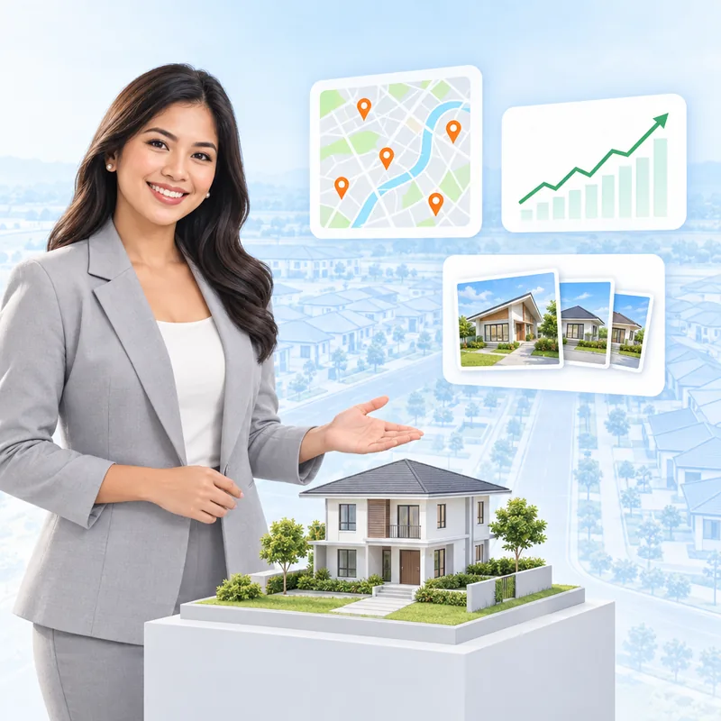 A property developer presenting a model house, with a map of a new housing development