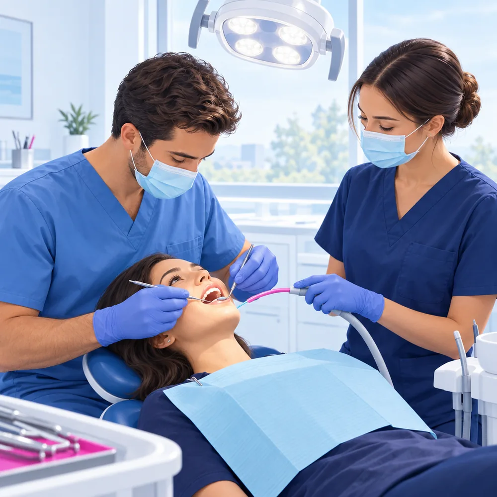 A dentist in blue scrubs and a mask leaning over a patient reclined in a dental chair, the surgery light angled down and an assistant holding a suction tip