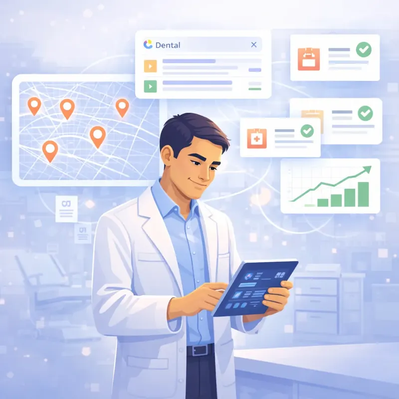 A dentist in a white coat checking clinic search results on a tablet, with a map of location pins beside him