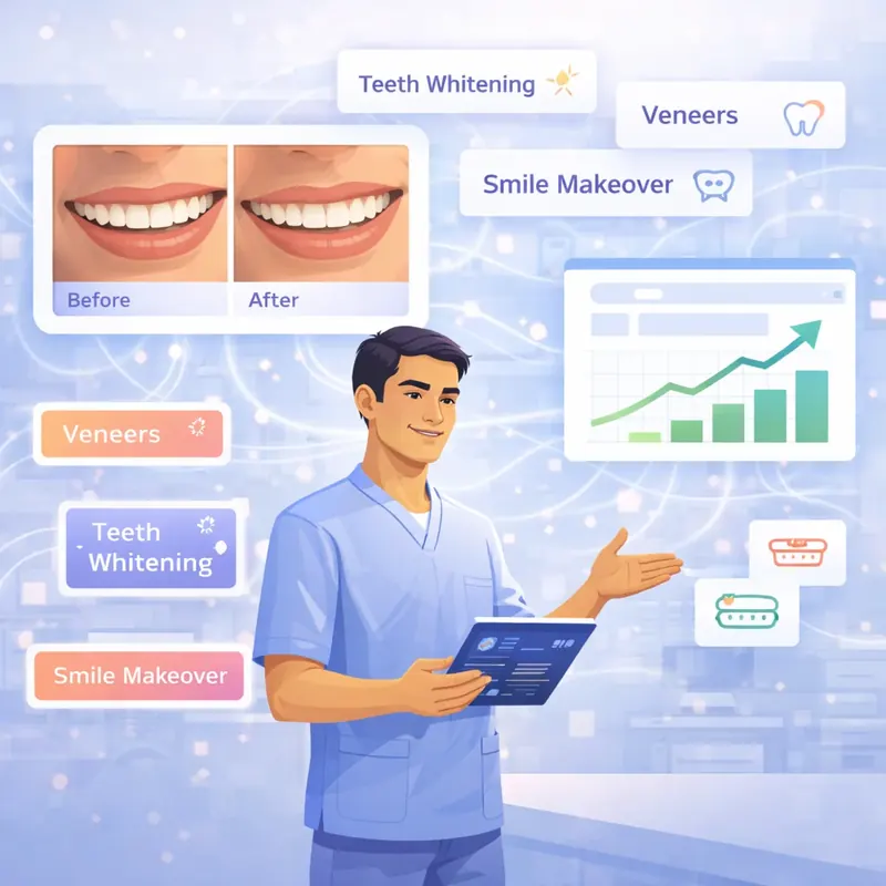 A dentist beside cards for veneers, teeth whitening and smile makeovers, with a before and after photo pair