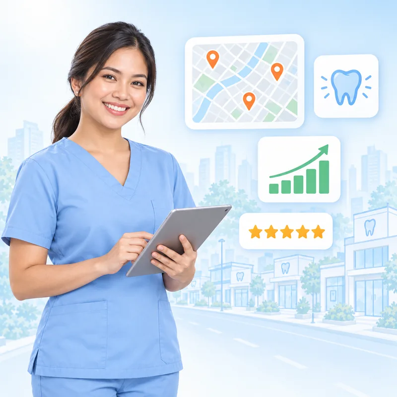 A dentist in scrubs holding a tablet, with a map showing three clinic locations across a city