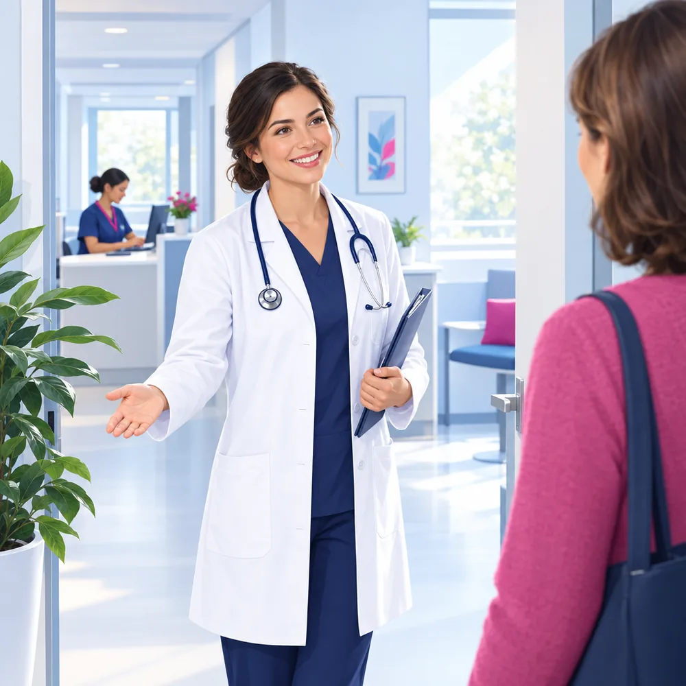 A doctor in a white coat greeting a patient at the door of a bright consulting room, a nurse at a desk behind