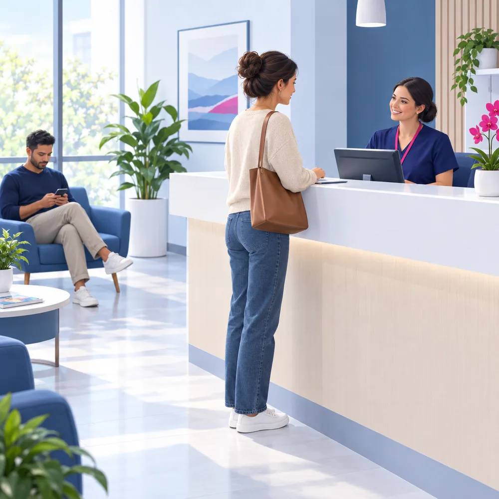 A clinic reception where a patient books an appointment at the counter while another waits with a phone in hand