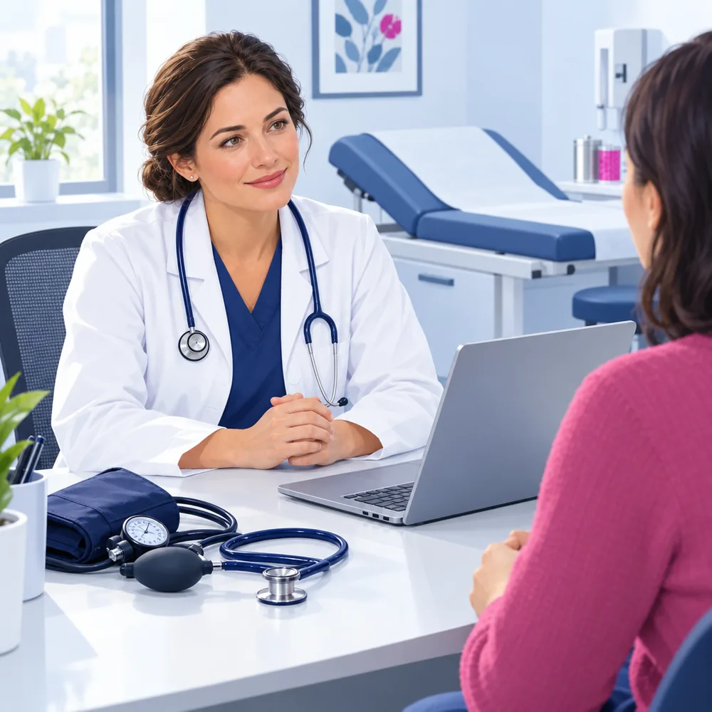 A doctor listening to a patient in a consulting room, a laptop open on the desk and a blood pressure cuff on the side