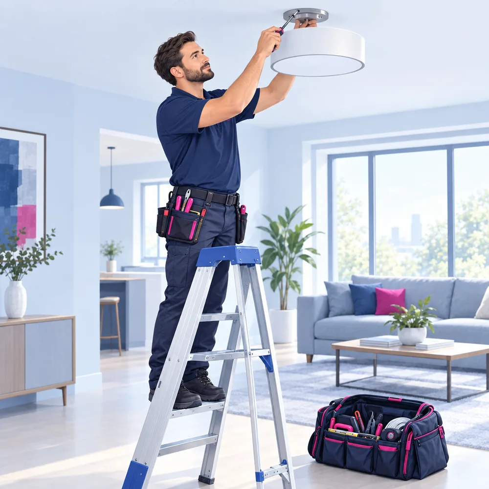 An electrician on a step ladder fitting a ceiling light with a screwdriver, a toolbag open on the floor below