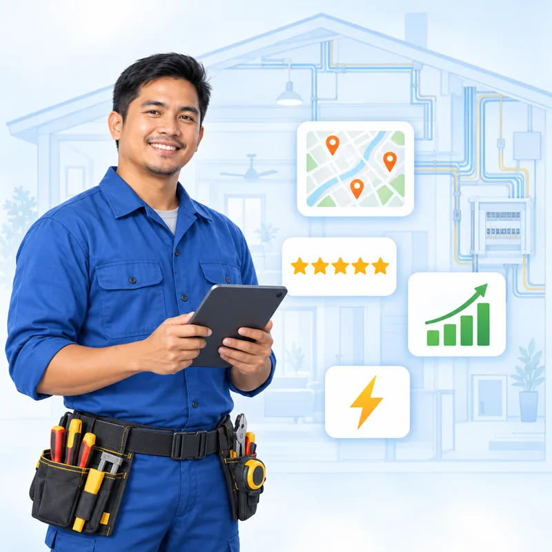 An electrician with a tool belt holding a tablet, with a map of location pins and a rising chart beside him