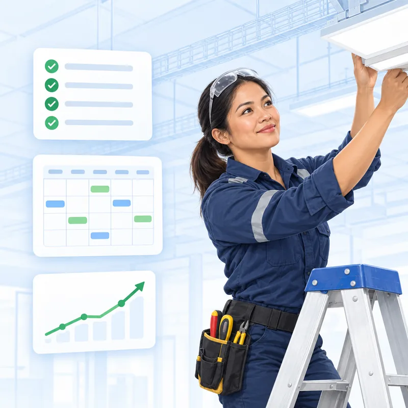 An electrician on a step ladder fitting a ceiling light, with a job calendar and a checklist beside her