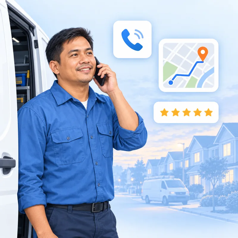 An electrician taking a call beside his van on a residential street at dusk, with a route map beside him