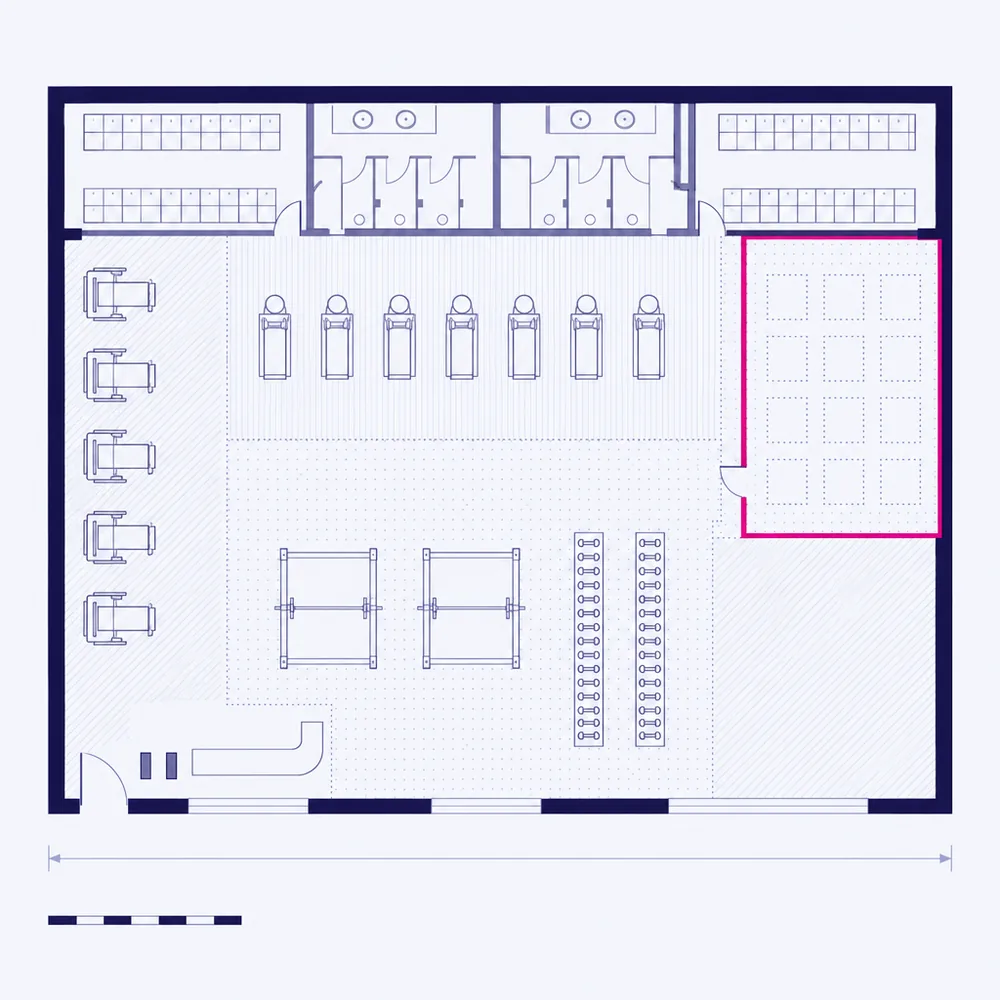 The floor plan of a gym: cardio machines in a row, resistance machines along the wall, two racks and the free weights, a studio and the changing rooms