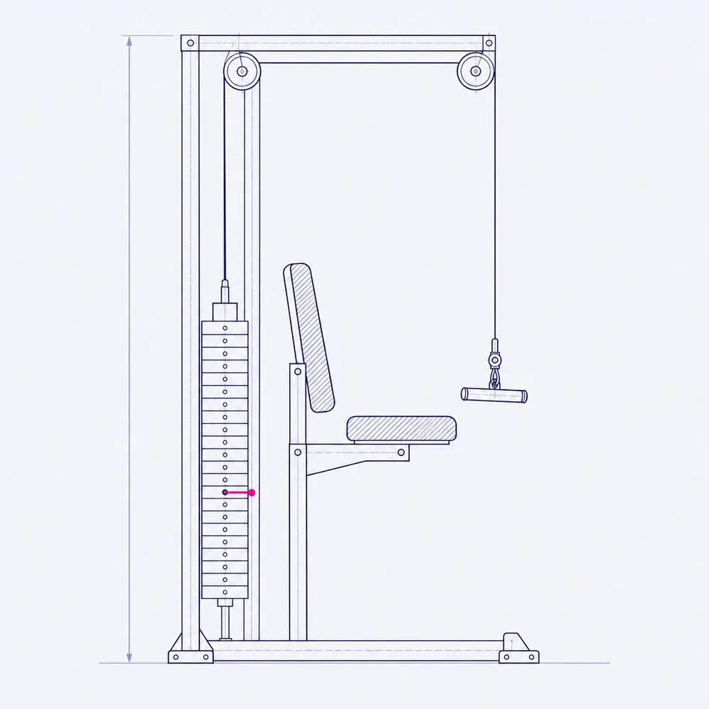 A cable resistance machine in elevation: the frame, the weight stack with its selector pin, the cable over two pulleys, and the seat
