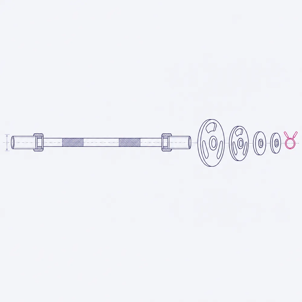An exploded drawing of a barbell: the bar with its knurled grips and sleeves, plates in descending diameter, and a spring collar