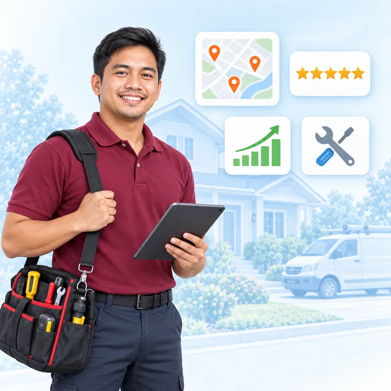 A tradesman with a tool bag holding a tablet outside a family home, with a map of location pins